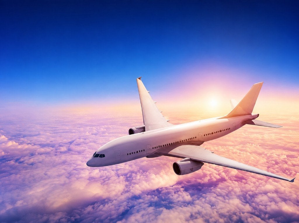 Commercial aircraft above clouds at golden hour