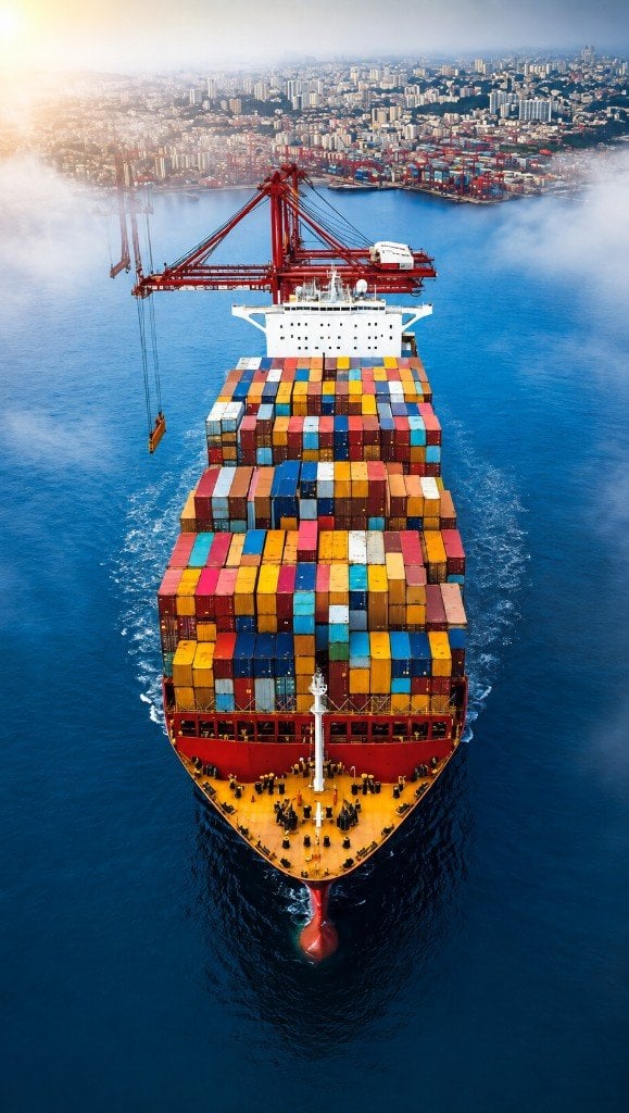 Aerial view of a fully loaded container ship underway