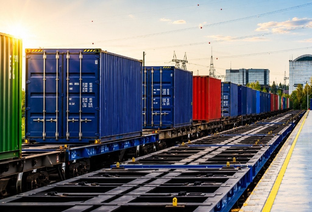 Intermodal freight train carrying colorful shipping containers