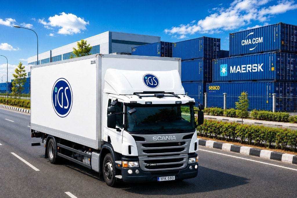 iGS branded truck on the road beside stacked shipping containers