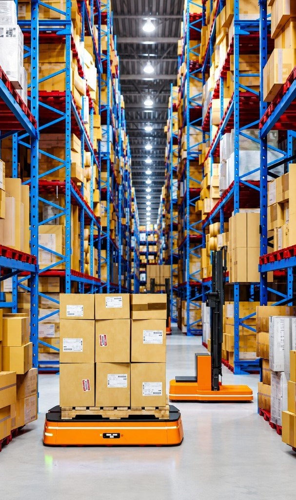 Automated warehouse aisle with pallet robots and high-bay racking